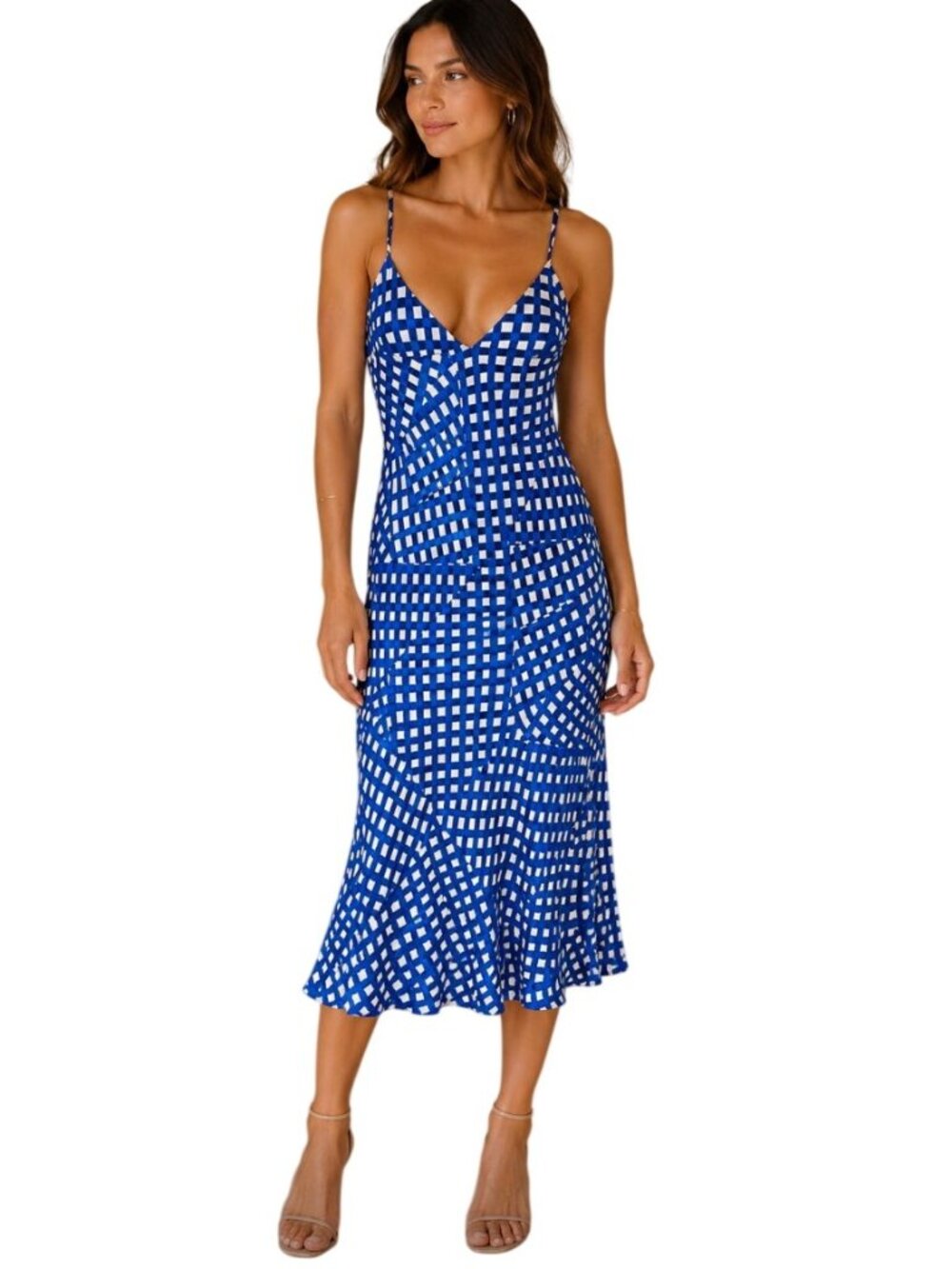Cory Lynn Calter Anthropologie Blue Check Satin Slip Midi Dress - Size XS